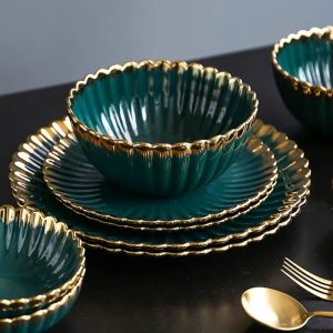 Luxury Green With Golden Rim Chrysanthemum Ceramic Tableware Set 1