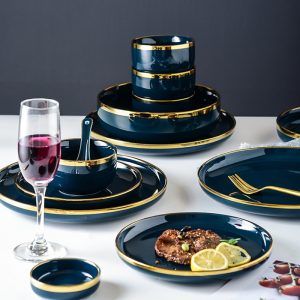 Blue Porcelain Dinner Plates Dishes Luxury Gold Inlay Ceramic Tableware Set 1